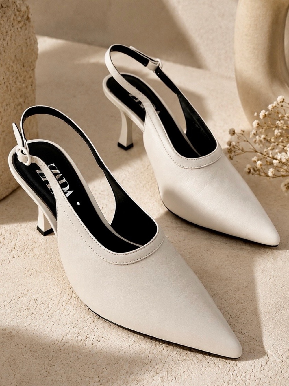 Zara White Pointed Toe Slingback Kitten Heel Pumps EU 39 US 8